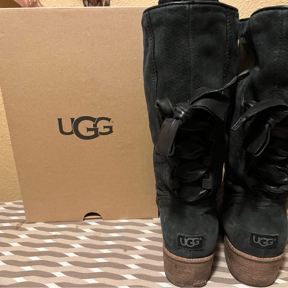 BLACK SUEDE UGG BOOTS w/ black leather ties up back. SIZE 8 - Picture 2 of 3